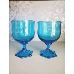 Vintage 1970s MCM Anchor Hocking Flair Laser Blue Footed Wine Glasses Set of 2